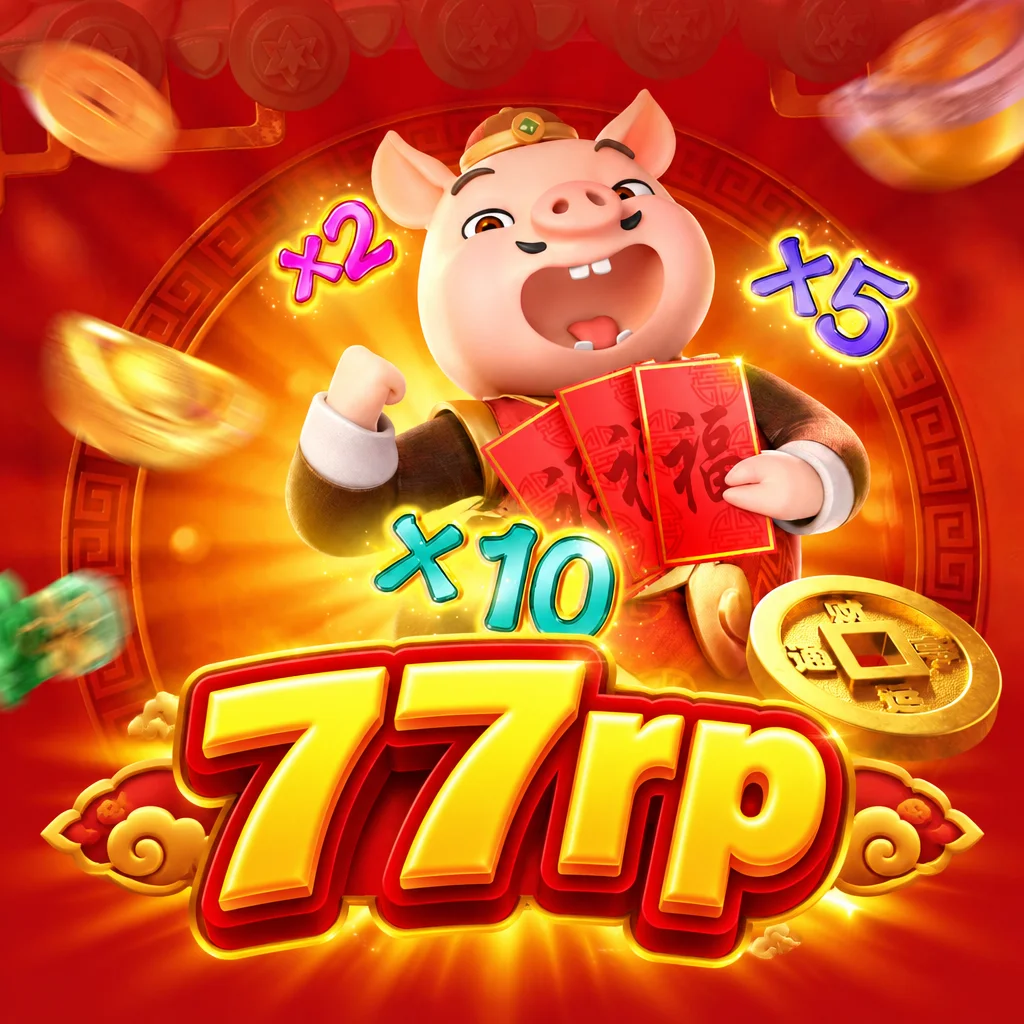 77rp menampilkan karakter babi lucu mengenakan pakaian tradisional Tionghoa bertema Piggy Gold